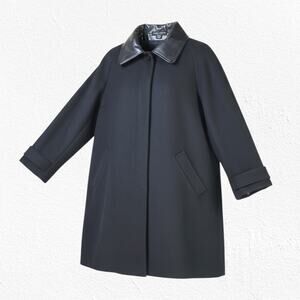 Vintage 80s Black Wool Coat Faux Leather Trim USA Made Boxy Cocoon Coat Size 12